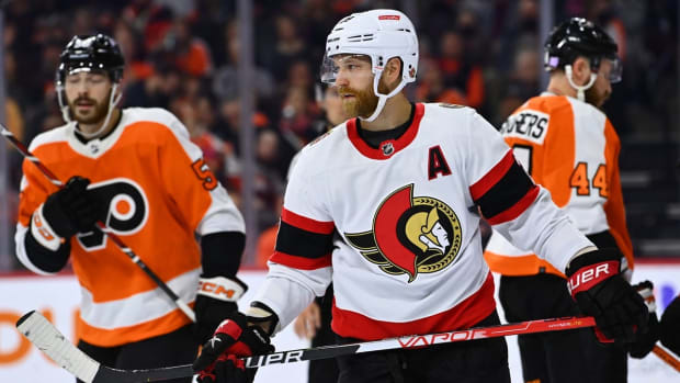 Nov 12, 2022; Philadelphia, Pennsylvania, USA; Ottawa Senators center Claude Giroux (28) looks on against the Philadelphia Flyers in the first period at Wells Fargo Center. Mandatory Credit: Kyle Ross-USA TODAY Sports
